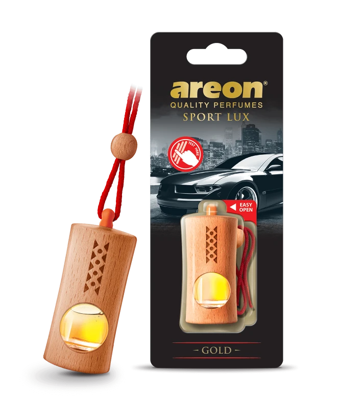 Areon Fresco Sport Lux Gold car air freshener from Areon Canada with gold accents and sleek design.